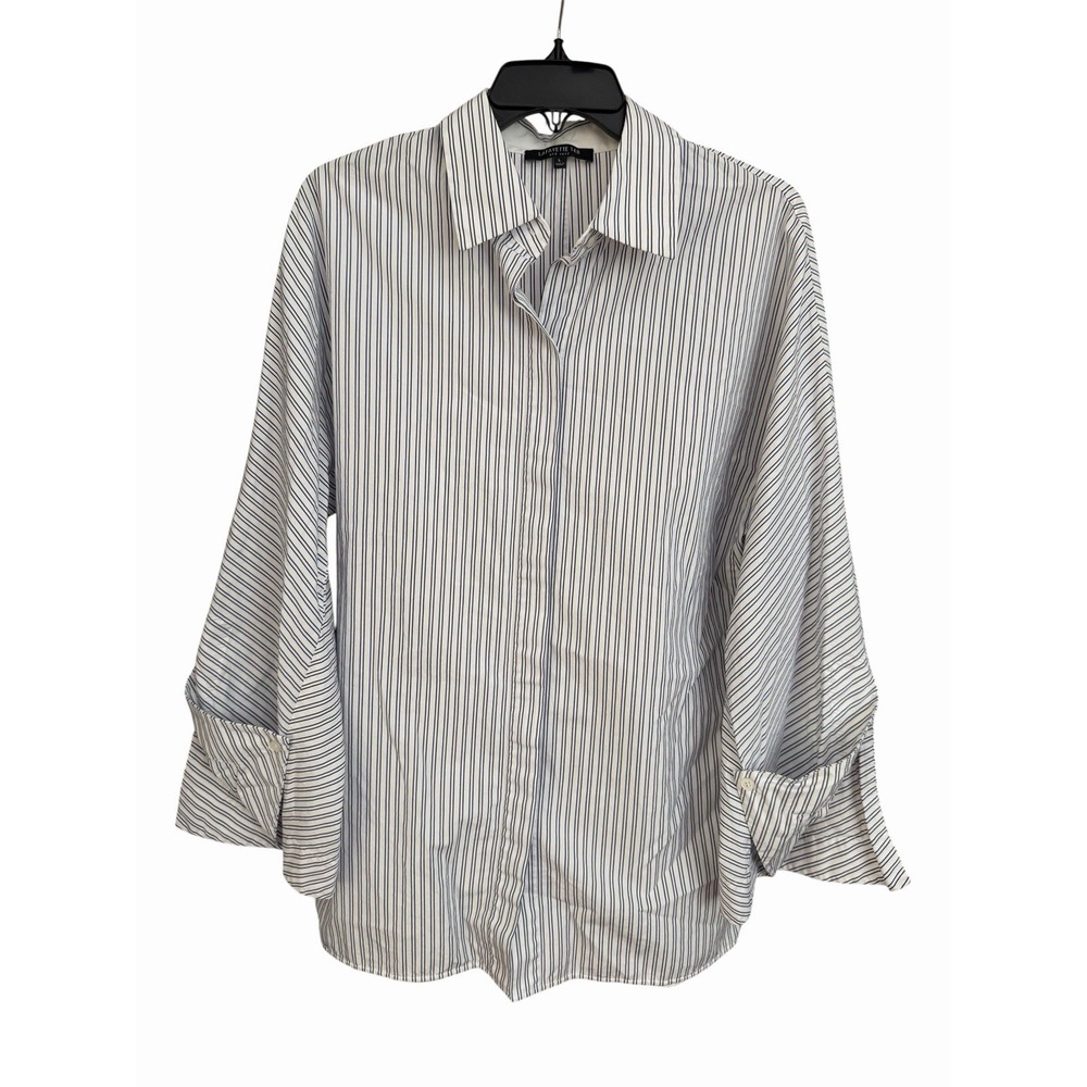 Lafayette 148 Womens Large Striped Button Down Shirt Blue Cotton Dolman #HHH10-1